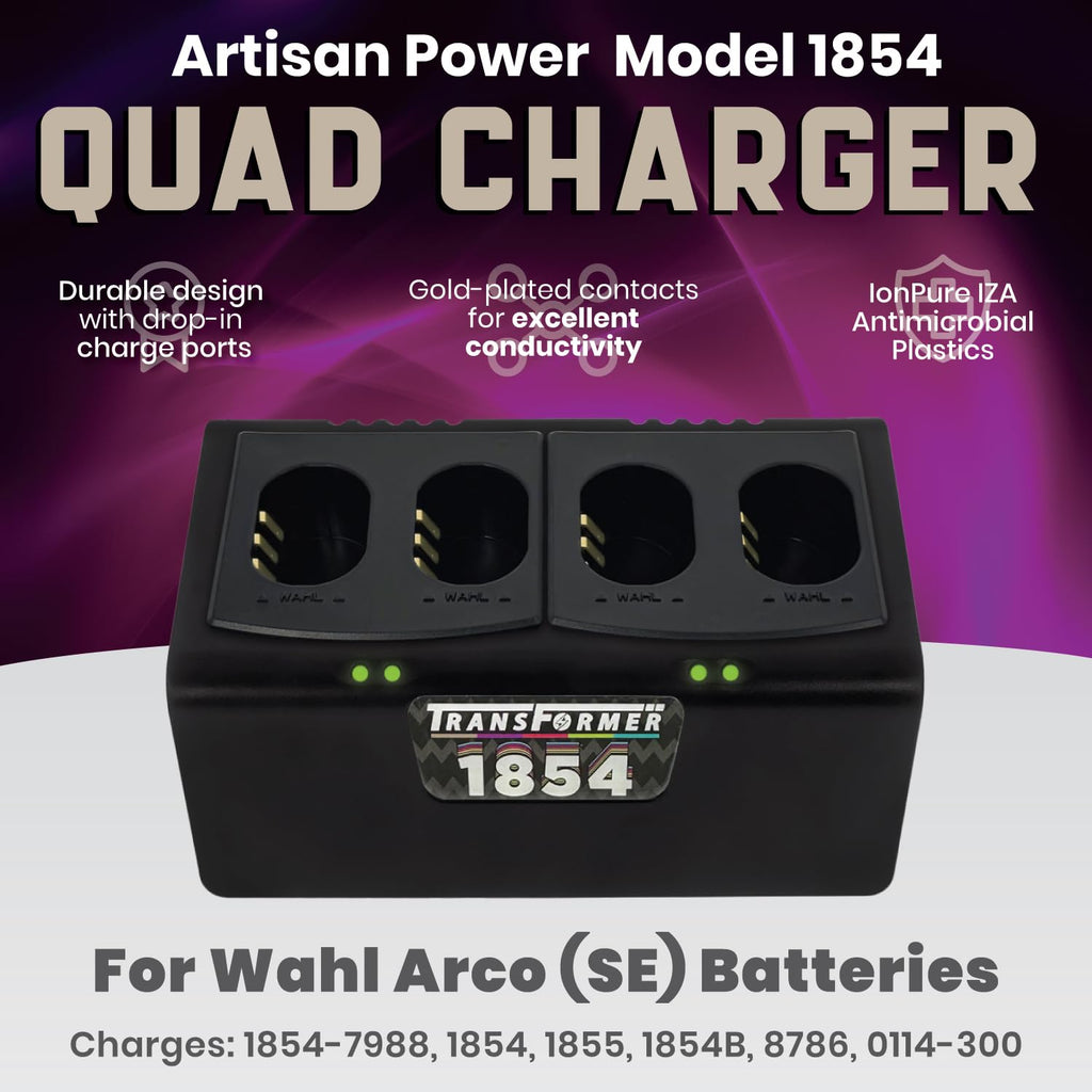 Artisan Power Quad Battery Charger for Wahl Arco and Arco SE Pet Hair Clippers | Durable Connectors, LEDs Status and a Powerful PD Type C Power Supply | Charges Four 1854 Batteries at Once