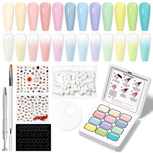 SUPWEE Gradient Painting Pat Gel Kit,12 Colors Ombre Gel Nail Polish Aura Nails French Manicure Drawing Gels Long-lasting Soak Off with 100Pcs Nail Sponges & Grabbing Pen & Palette (Pastel Colors)