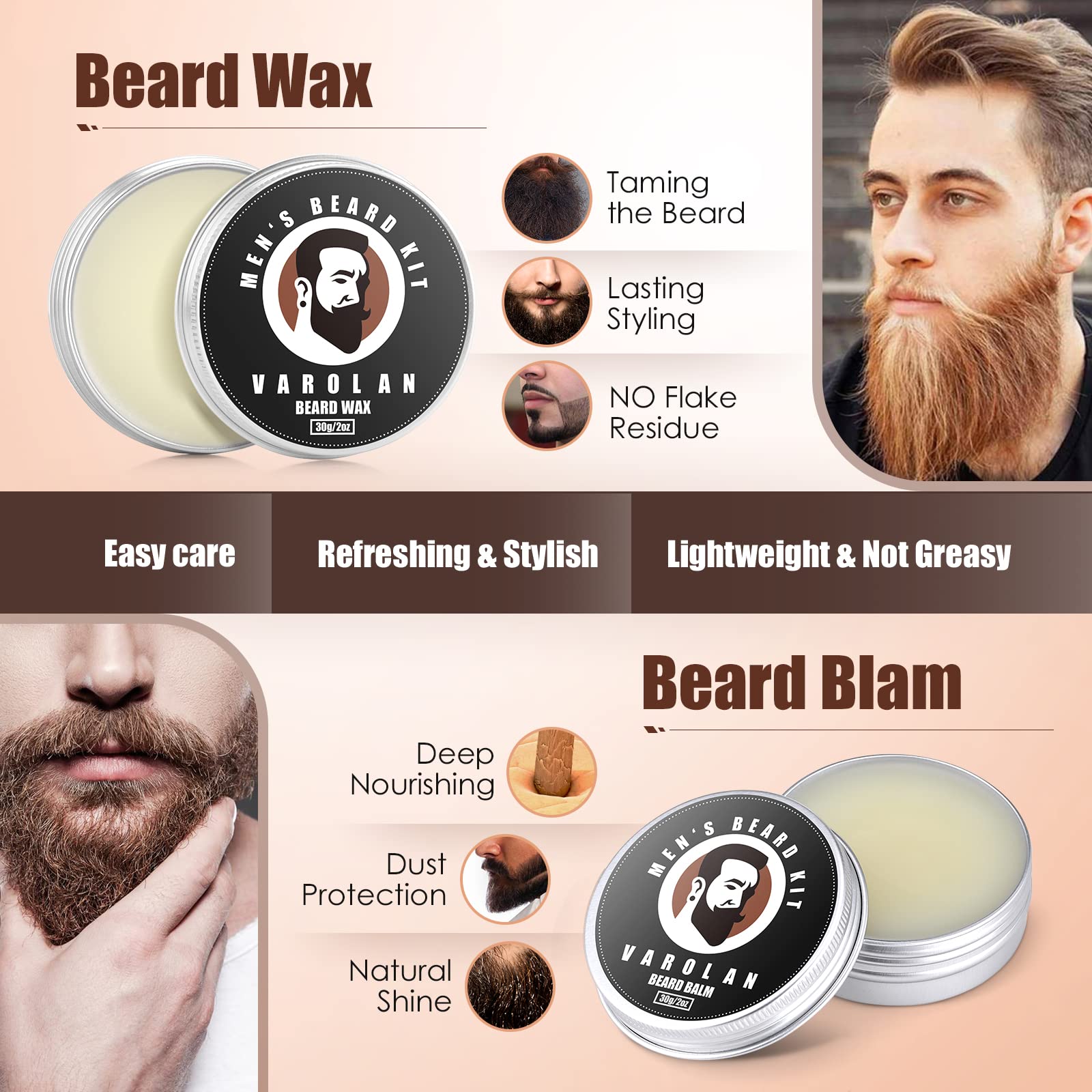 Varolan Beard Grooming Kit, Birthday Gifts for Men with Beard Oil, Balm, Brush, Wash, Wax, Comb, Scissors, 1 fl oz
