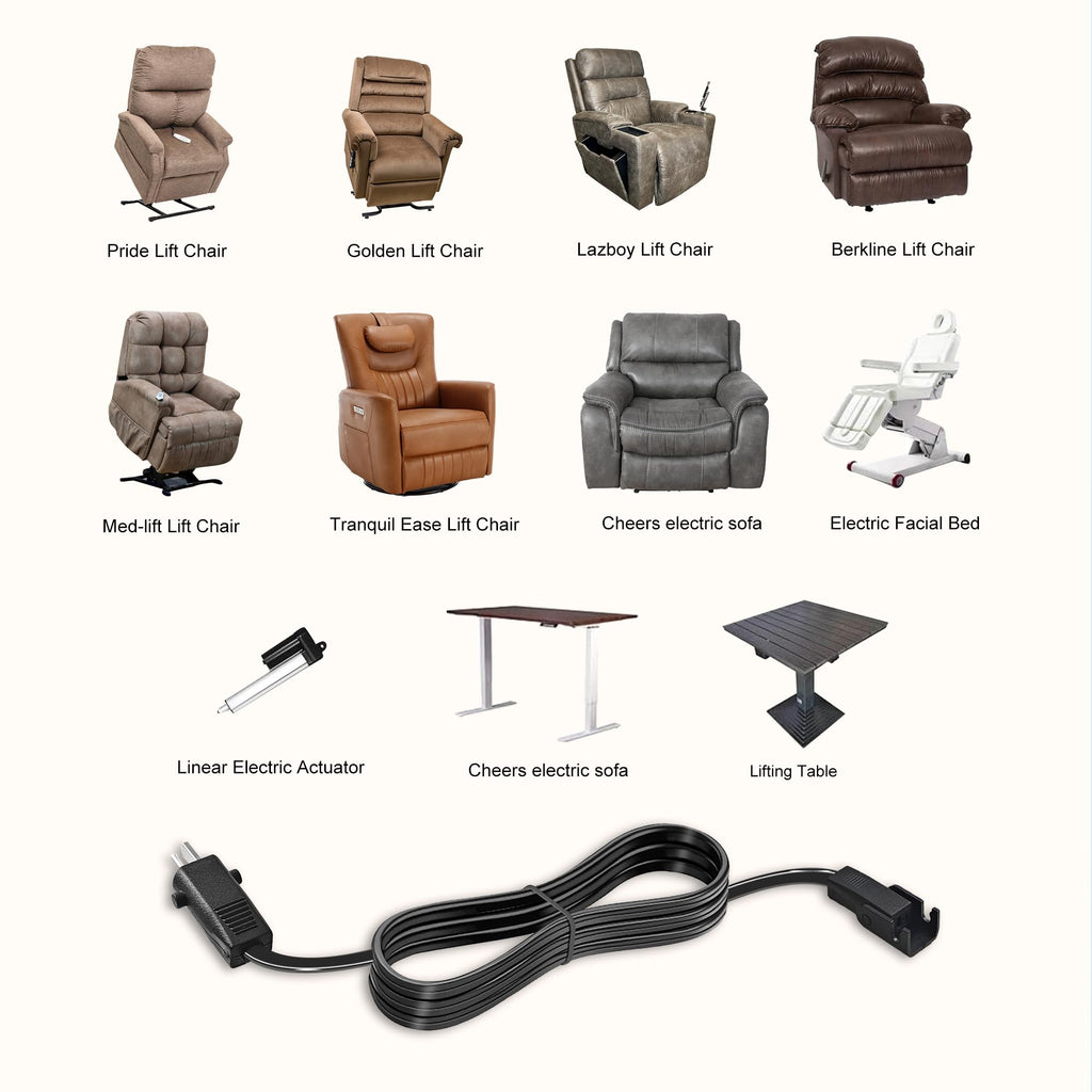 6.6 Feet Power Cord for Recliner Chair, 2 Pin Connector Power Extension Cable for Okin、Limoss、Lazboy、Pride、Catnapper Electric Lift Chair, Recliner Sofa, Electric Couch Extension Cord Replacement Parts