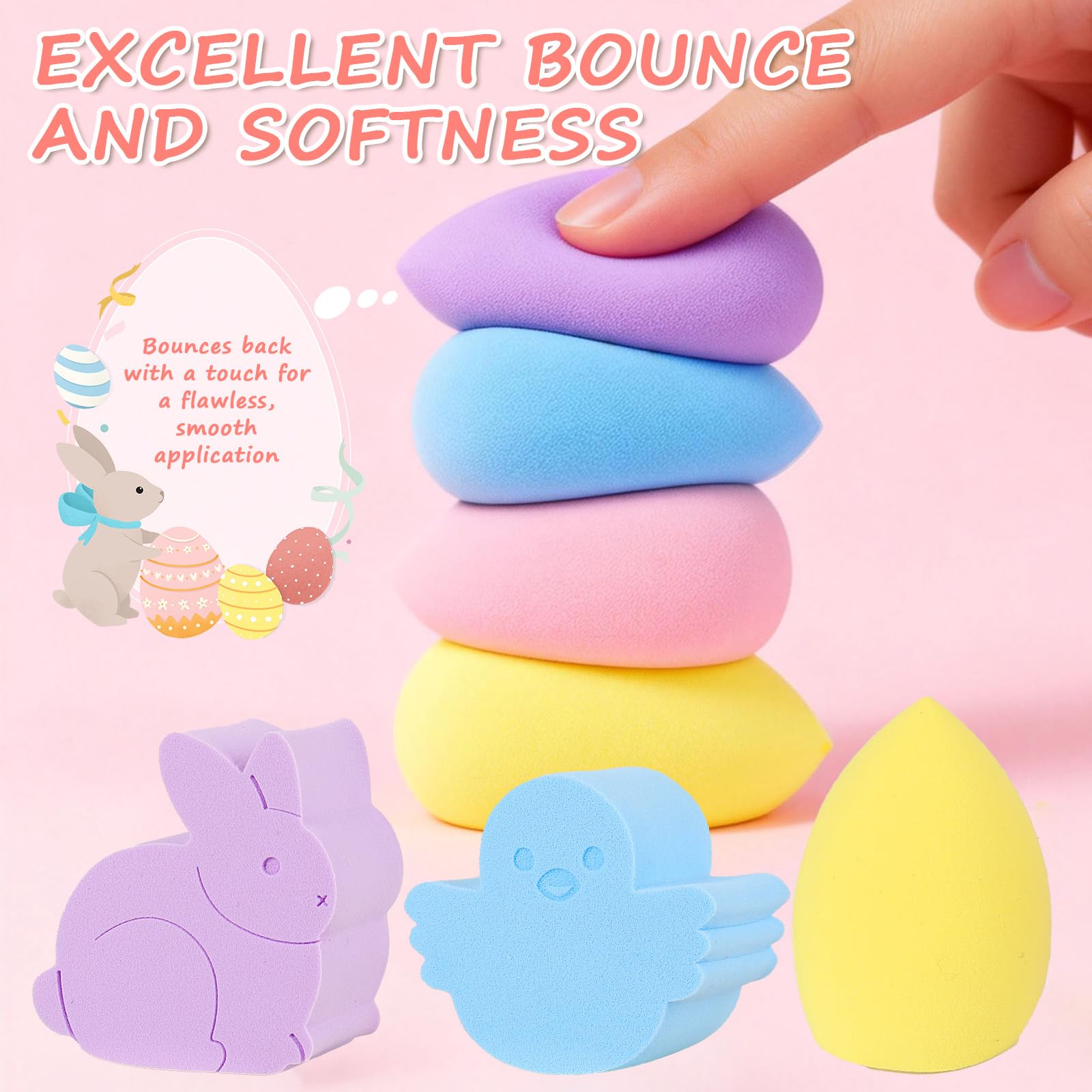 Easter Makeup Sponge Set - 12 Pcs Bunny Chick Egg Shape Makeup Blender, Soft Latex-Free Beauty Sponge for Foundation, Powder & Cream, Wet/Dry Use, Gentle Easter Presents for Women & Makeup Lovers