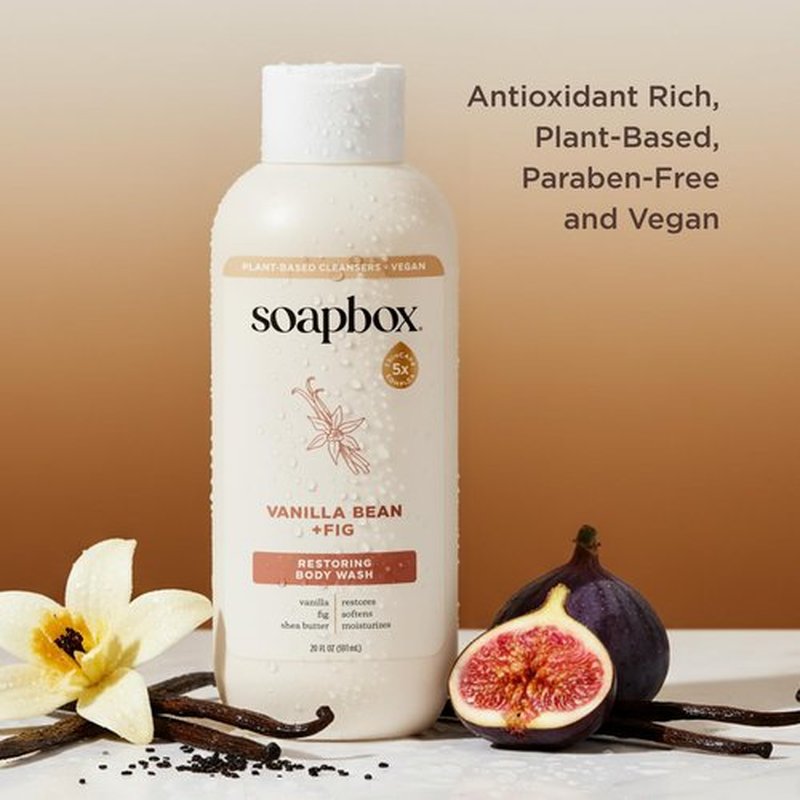 Soapbox Body Wash, Vanilla Bean & Fig Liquid Body Wash, Moisturizing Soap with Shea Butter, Vegan Duo Pack of 2 Soap Bottles, 20oz Each