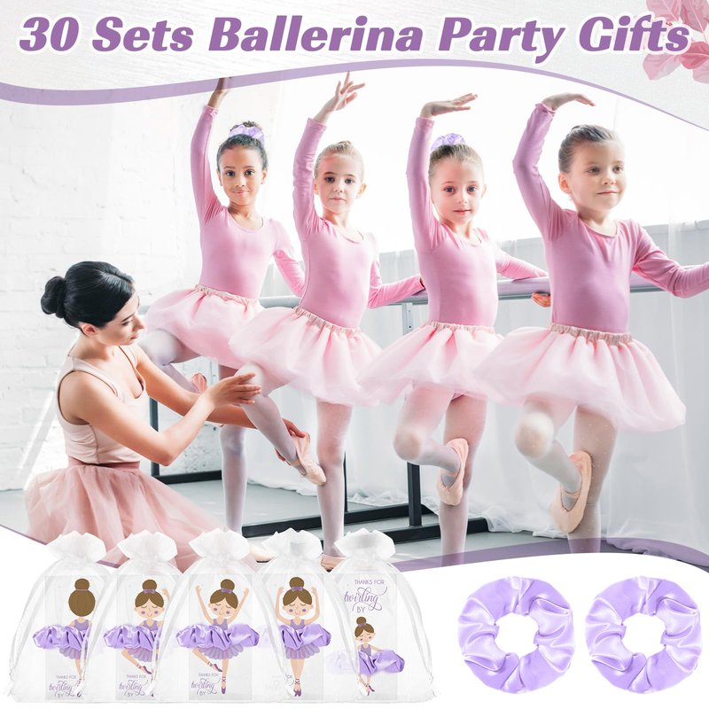 Yinkin 30 Sets Ballerina Party Favors for Girls Hair Scrunchies with Thanks Twirling Cards for Dance School Classroom Ballet Recital Gifts(Purple)