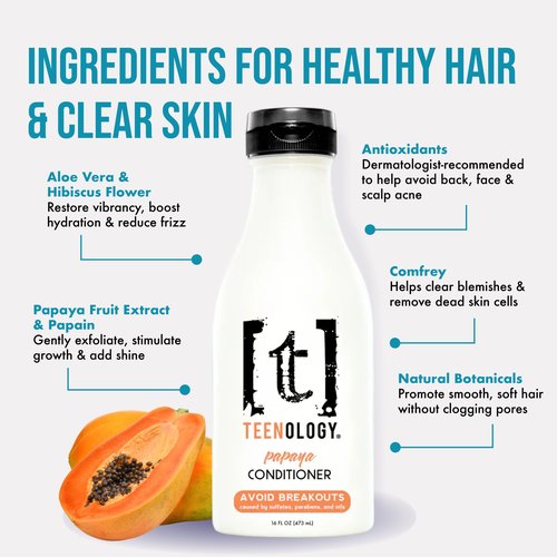 Teenology Teen Conditioner – Avoid Acne Breakouts, Non-Comedogenic, For Dry & Oily Scalps, Sulfate & Paraben Free, Natural Botanical Extracts, for Clear Skin & Healthy Hair, 16 oz – (Papaya)