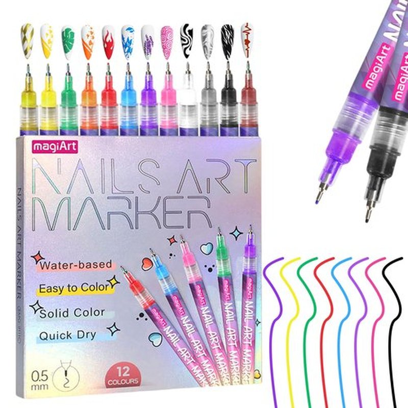 12 Colors Nail Art Pens, Fine Tips Nail Polish Pens Quick Dry, Graffiti Dotting Pen Acrylic Painted Pen Kit 3d Nail Polish Pens Drawing Painting for Diy Nails Art Design Manicure Tools