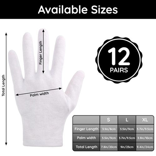 Segbeauty 24 Counts White Cotton Gloves, Large Thick Hand Gloves Moisturizing Overnight Sleeping for Dry Hands, 12 Pairs Washable Cotton Work Gloves, White Lotion Gloves Overnight for Men and Women