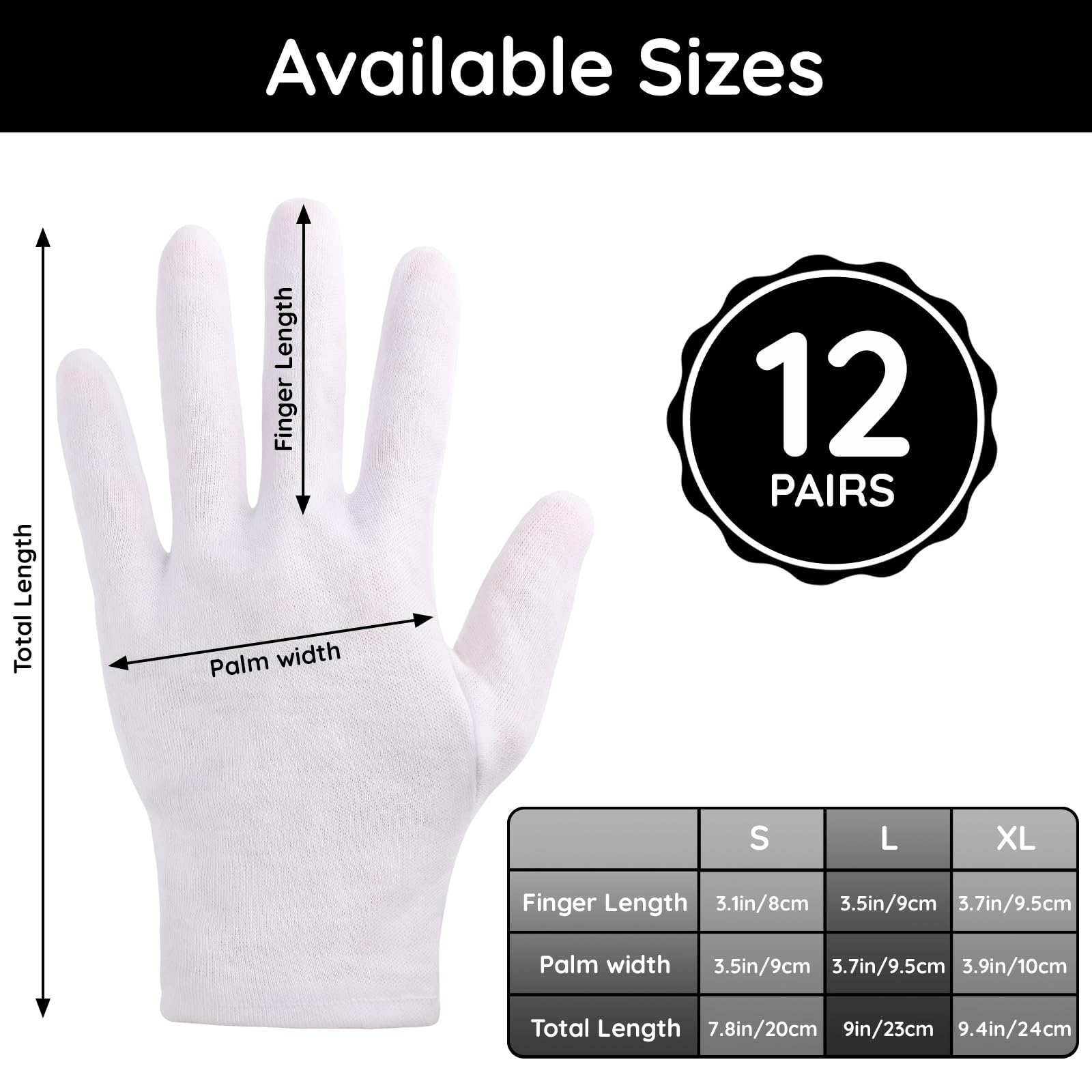 Segbeauty 12 Counts White Cotton Gloves, Large Thick Hand Moisturizing Overnight Sleeping for Dry Hands, 6 Pairs Washable Work Gloves, White Lotion Overnight for Men and Women