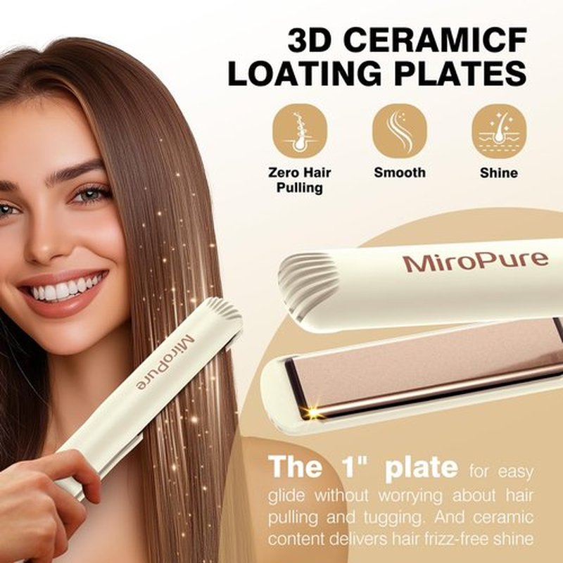 MiroPure 1 Inch Flat Iron, Hair Straightener with 30S Fast Heating & 60min Auto Shut-Off, Hair Straightener and Curler 2 in 1 with 3D Ceramic Floating Plates, Beige