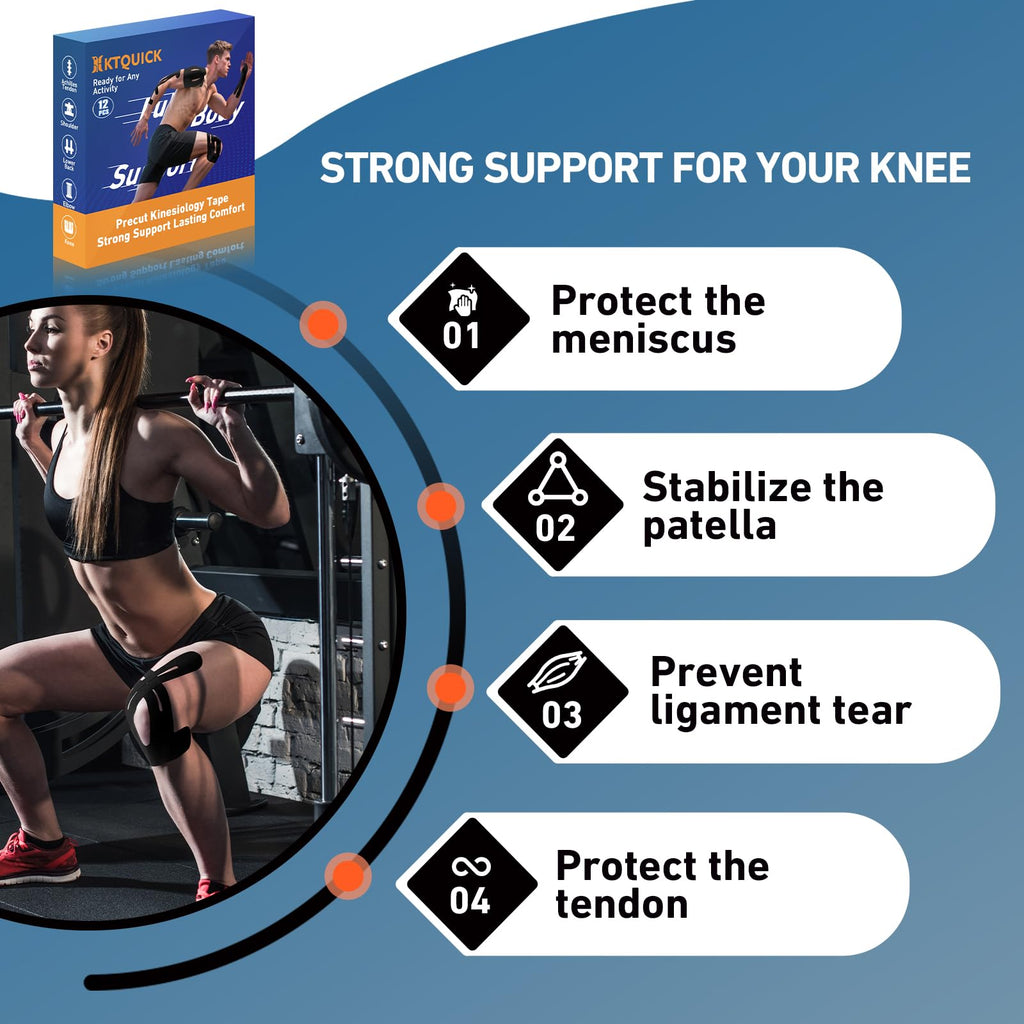 KTQUICK Precut Kinesiology Tape for Knees,12 Ct,20% Stronger Adhesive Black