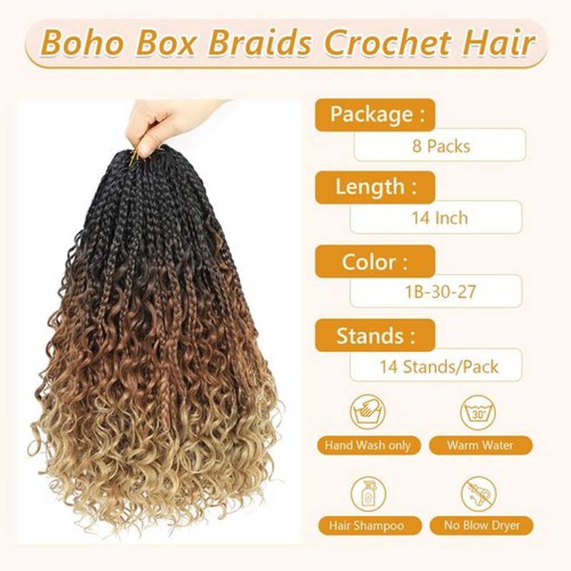 Firstcyh Hair 8 Packs Goddess Box Braids Crochet Hair for Black Women -14 Inch Crochet Braids Hair Bohomian Box Braid Crochet Hair Synthetic Braiding Hair (1B/30/27)