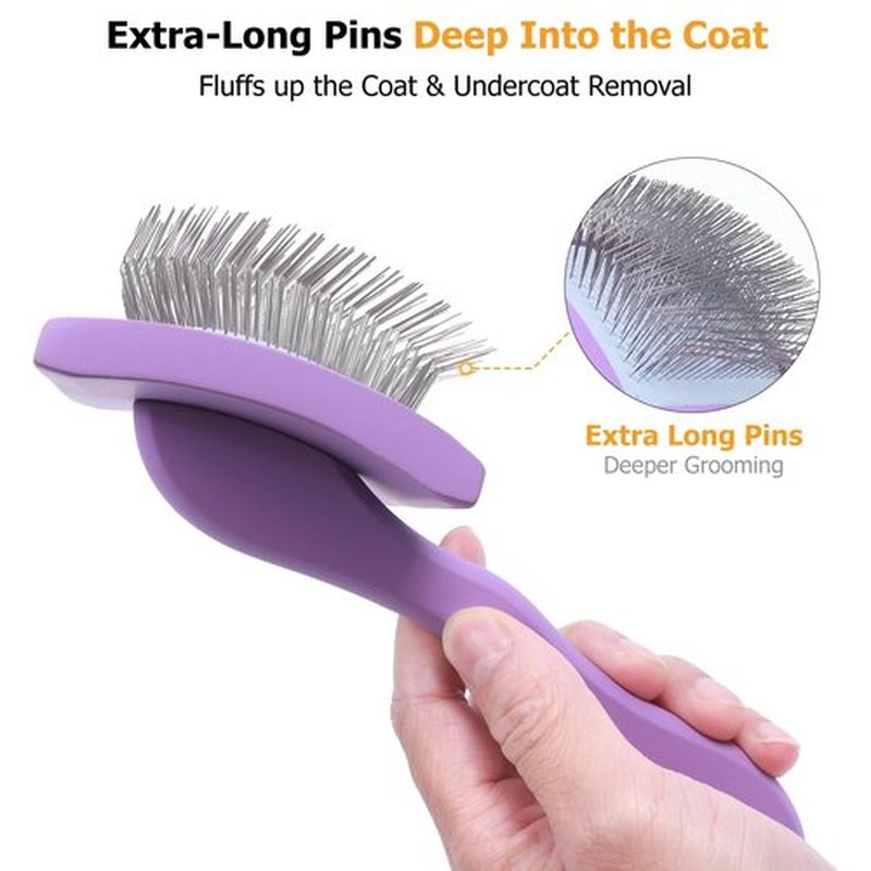 Homyneer Extra-Long Pin Slicker Brush for Large Dogs, Removes Tangles, Mats & Undercoat Fluff, Wood Handle, Grooming Tool for Poodle Goldendoodle Labradoodle & Thick-Coat Breeds, Purple