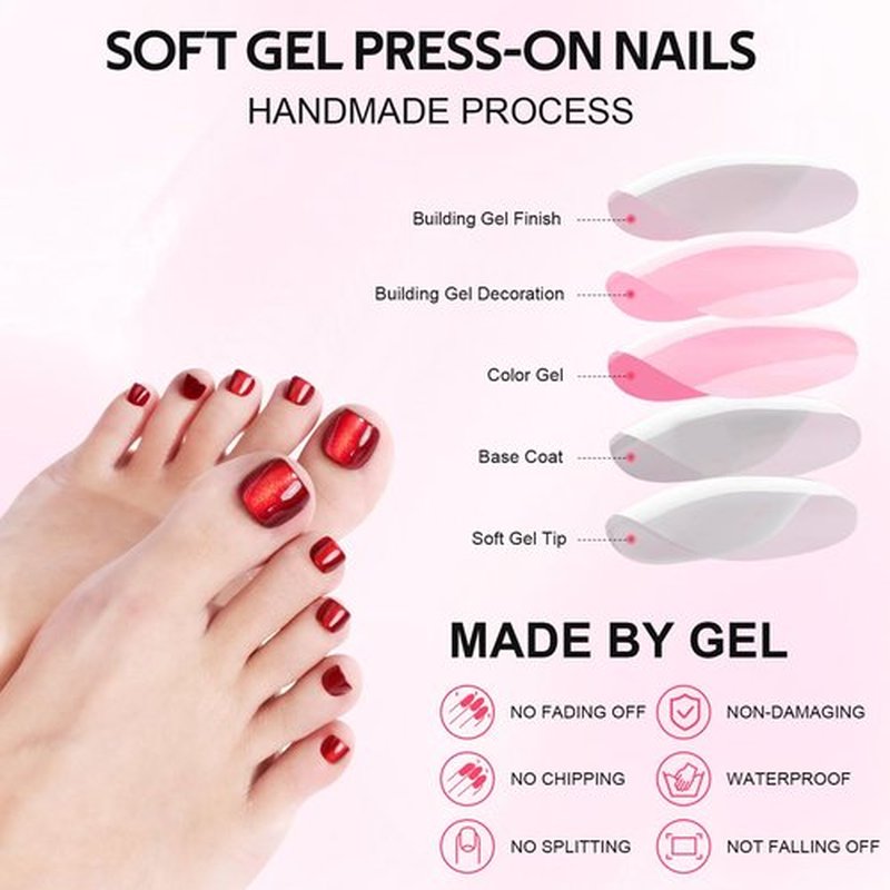 Press on Toenails Short - Findigit Toenail Press Ons Square for Girl Women, Press on Toe Nails with Glue, Fake Toenails in 16 Sizes- 32 Toenails Kit,Red Cat Eye