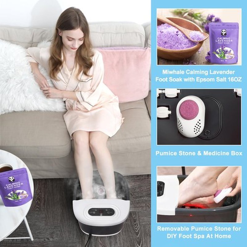 Miwhale Foot Spa Bath Massager with Heat Bubbles and Vibration Massage and Jets, 16 OZ Calming Lavender Foot Soak Epsom Salt, Foot Soaker with Red Light, 22 Massage Rollers, Adjustable Temp - Black