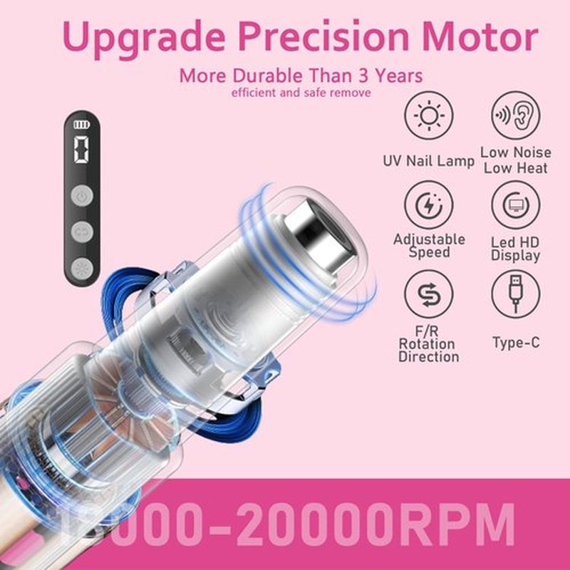 Electric Nail Drill Kit with U V Nail Lamp,Portable Cordless Electric Nail File with Display Screen,9 Speeds Professional Manicure Pedicure Polishing 12-in-1 Nail Drill Kit for Home and Salon Use