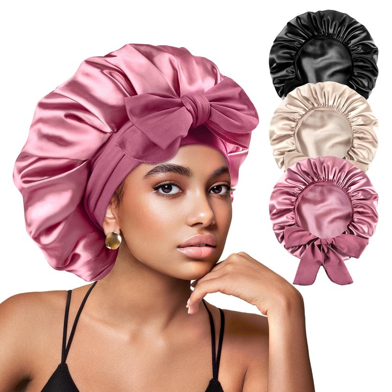 Yanideer 3 pcs Silk Bonnet for Sleeping Double Layer Satin Lined Hair Satin Bonnet with Tie Band for Women Curly Hair Gold