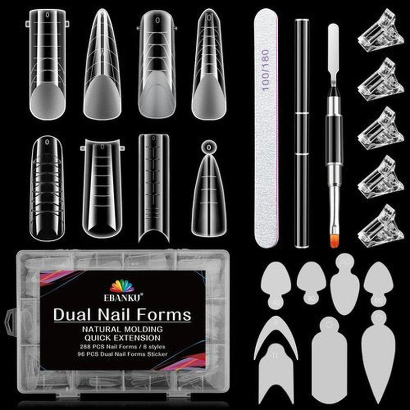 EBANKU 384PCS Dual Nail Form Kit, 8 Styles & 12 Sizes, Reusable Silicone Pads, 5PCS Nail Clips, Gel Brush Pen, Nail Files Buffer, French Nail Extension Kit for Beginner