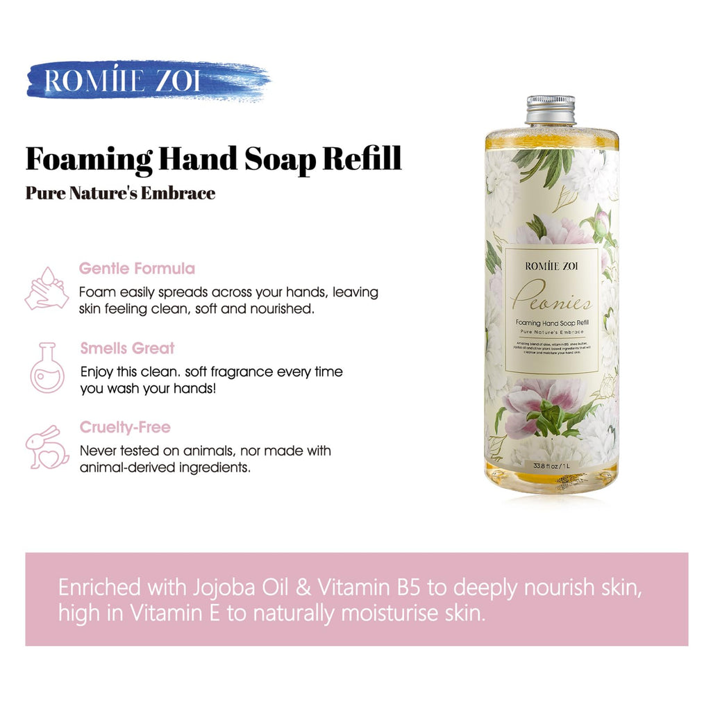 ROMIIE ZOI Foaming Hand Soap Refill, Peony, Gentle & Moisturizing Formula, 1 L/ 33.8 FL OZ