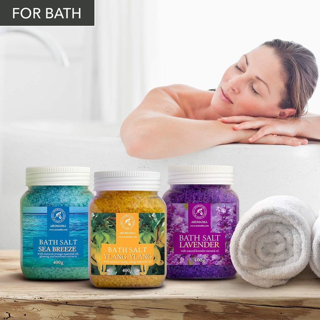 Bath Salts Set 42 Oz - Lavender - Sea Breeze - Ylang-Ylang - 100% Natural Essential Oil - Bathing - Body Care - Beauty - Relaxation - Spa