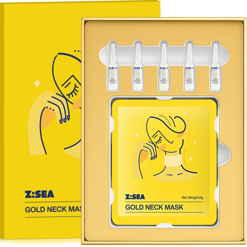 Z:SEA Collagen Cream Neck Mask & 98% Real Gold Serum Set – 2-Step Anti-Aging for Crepey Skin & Tech Neck, Firming, Lifting, Brightening, Hydrating, Smooth Fine Lines, 11 Peptides, Hyaluronic Acid, 5Ct