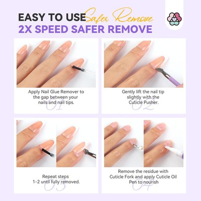 SAVILAND Fast Nail Glue Remover Kit: Press On Nail Remover 4 Pcs Cuticle Tools Easy Removal of Nails Glue and Acrylic Nails Tips 30 ml Debonder Serum and Cuticle Oil Pen Nail Prep Kit