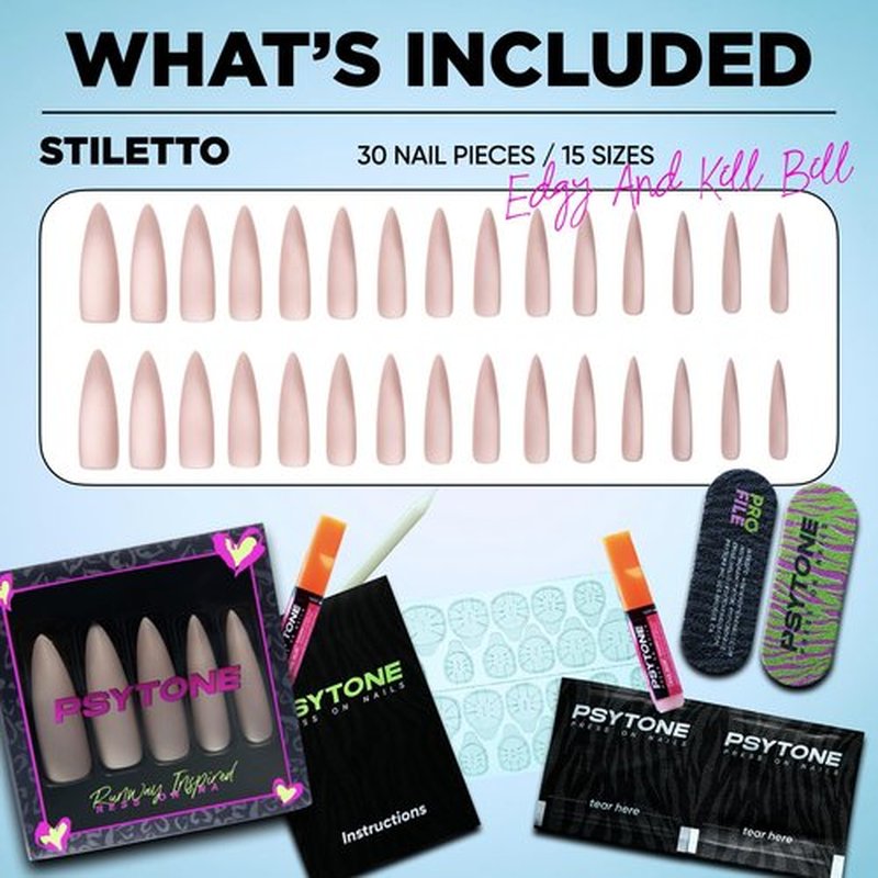 PSYTONE Matte Cat Eye Extra Long Stiletto Press On Nails|15 Sizes - 30 Nail, Frosted Nude Pink Reusable Fake Nails Kit with Glue & Tools, Velvet Matt Finish for Women, Wedding, Daily Wear