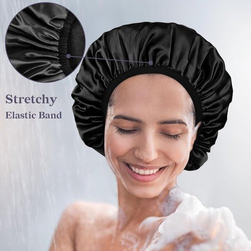 Skiennix Satin Shower Cap - Three-Layer Terry Cloth Lined, Waterproof & Reusable for Long Thick Hair | Large Size (Black)