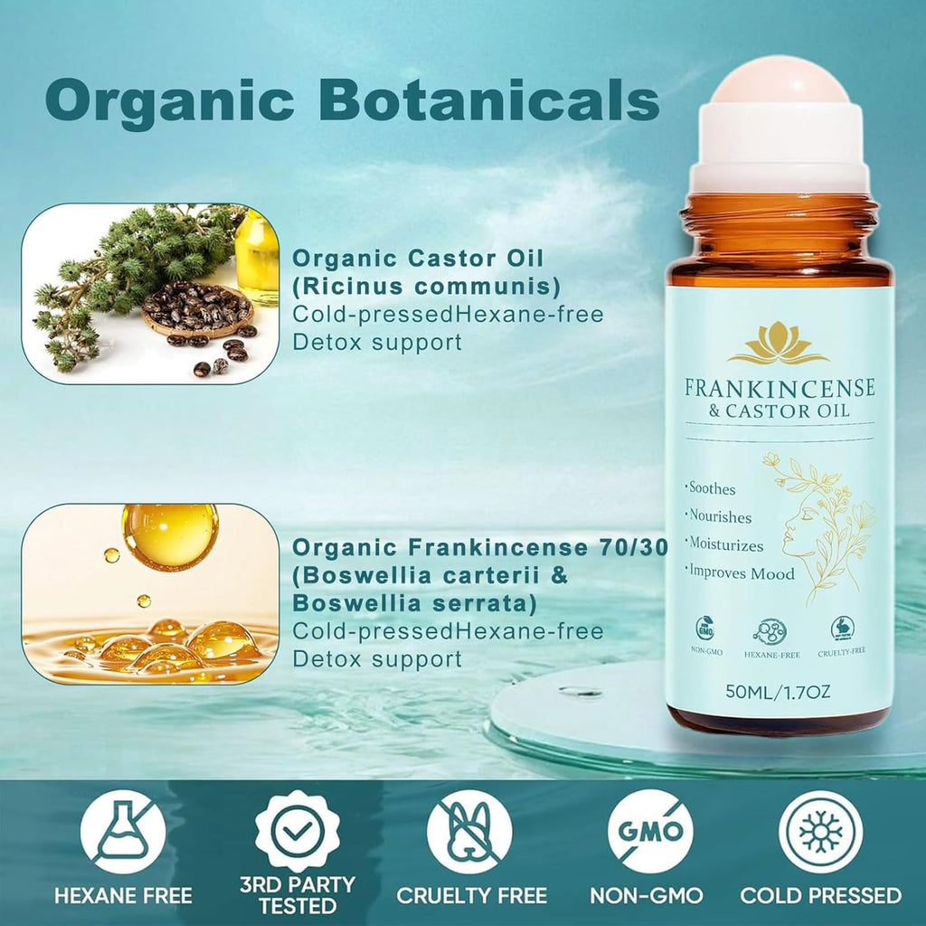Ayland Castor Oil and Frankincense Roll On, 1.7 fl oz Pure Organic Cold-Pressed Castor Oil Roll-On, Cold-Pressed, Firms Skin, Reducing Fine Lines, Suitable for Eyebrows, Face, Neck, Abdomen