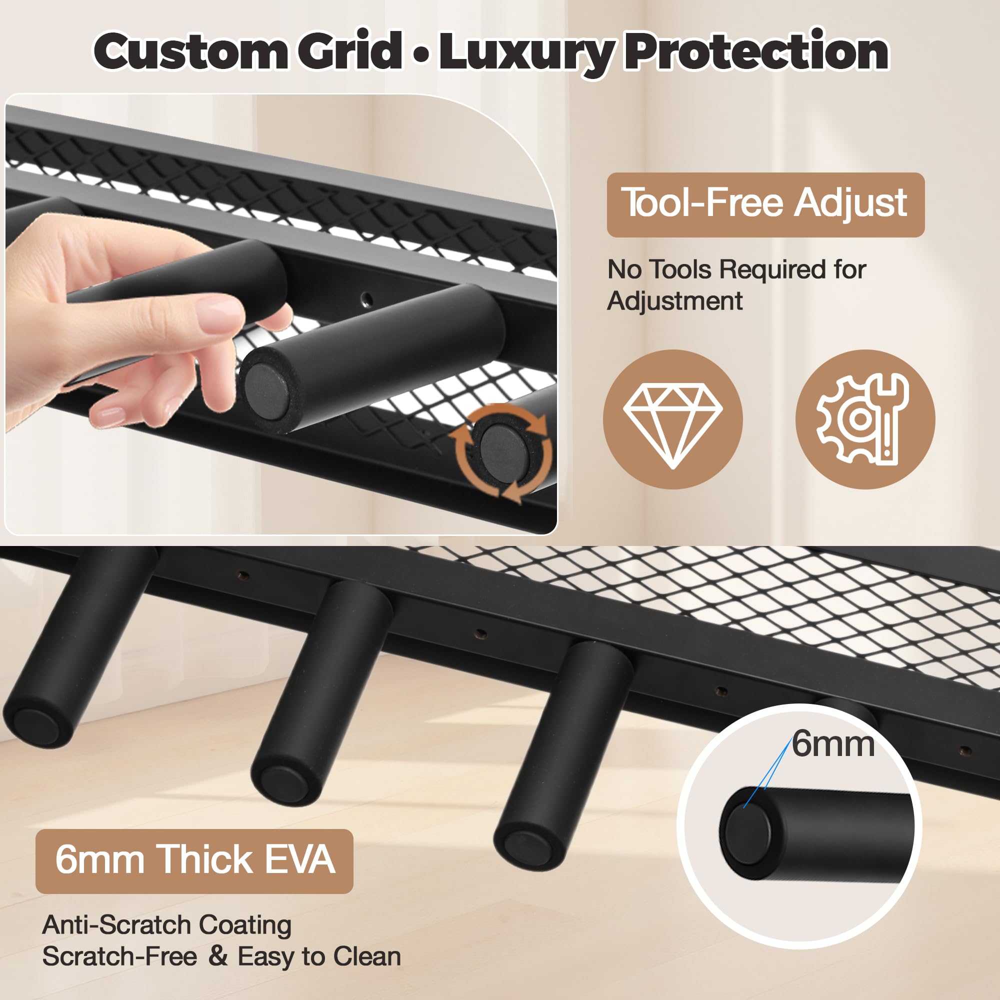 JollyJive 5-Guitar Stand Floor with Wood Storage Shelf, 27.8lbs Heavy Duty Multi-Guitar Rack Holder (1.2mm Steel Tubes), Patented 3-Sided Mesh Shield for Acoustic, Electric & Bass, Premium Studio Furniture,Gray