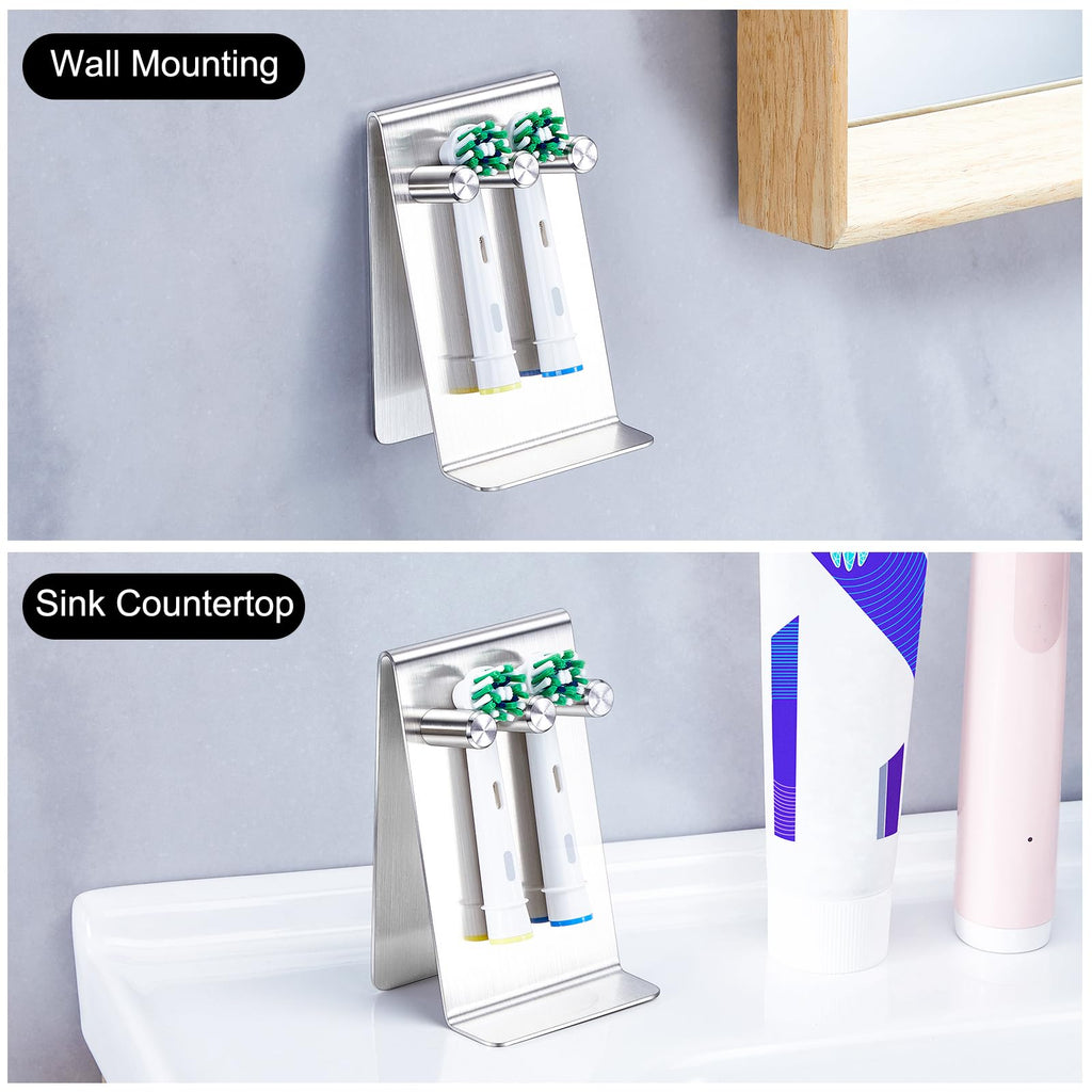 WAYASI Electric Toothbrush Head Holder, Self Adhesive or Desktop Tooth Brushing Holder, Wall Mounted Toothbrush Holders Shower Bathroom, Tooth Brush Holder Organiser (Silver, Small)