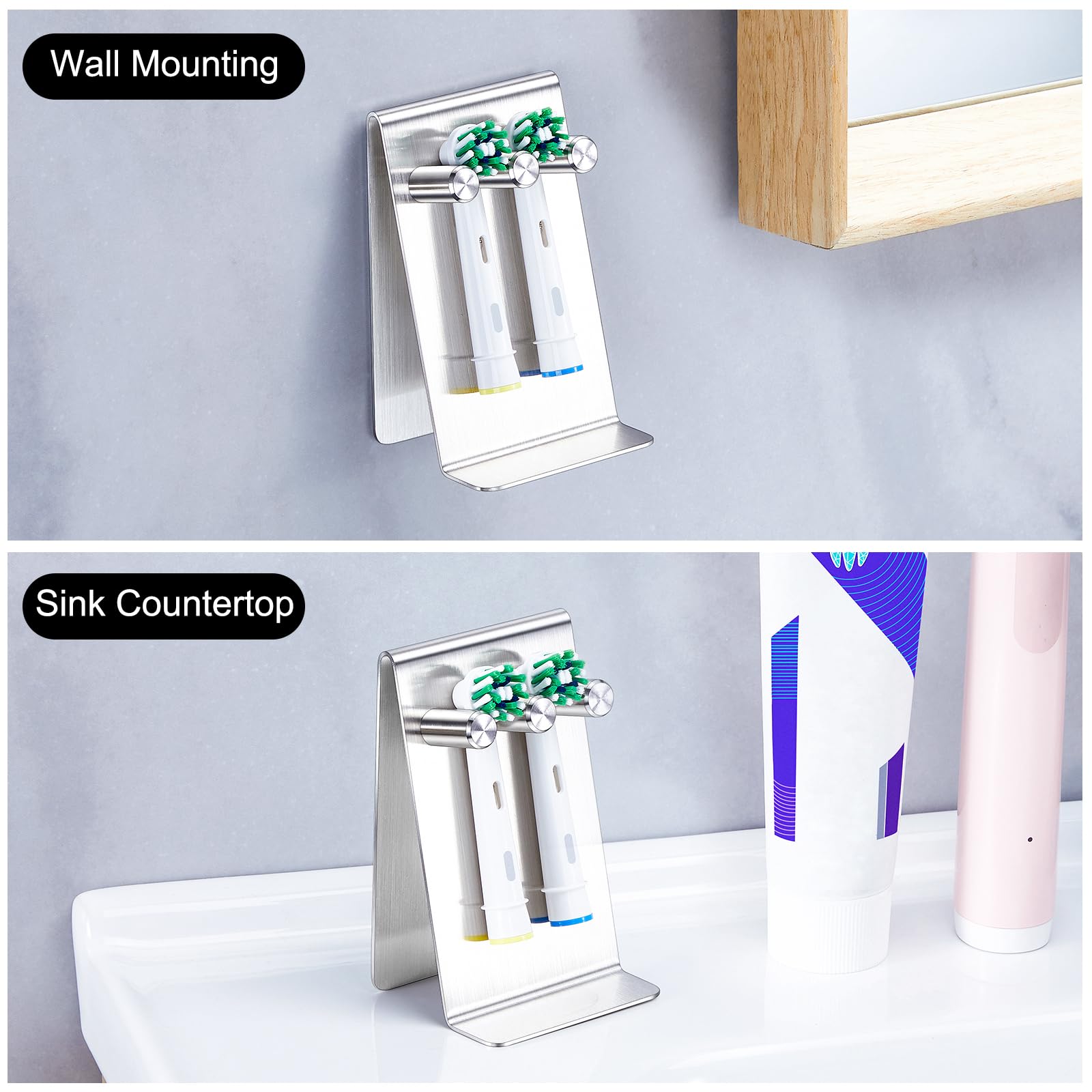 WAYASI Electric Toothbrush Head Holder, Self Adhesive or Desktop Tooth Brushing Holder, Wall Mounted Toothbrush Holders Shower Bathroom, Tooth Brush Holder Organiser (Silver, Small)