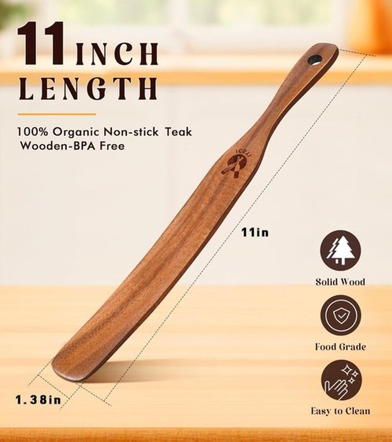 Skiennix Skinny Spurtle - Natural Teak Kitchen Tool for Sourdough Starter & Mixing | Non-Stick Safe