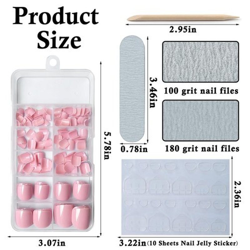 LuckForever Pink Press-on Toenails - 240pc False Toenails & Adhesive Nail Tabs File