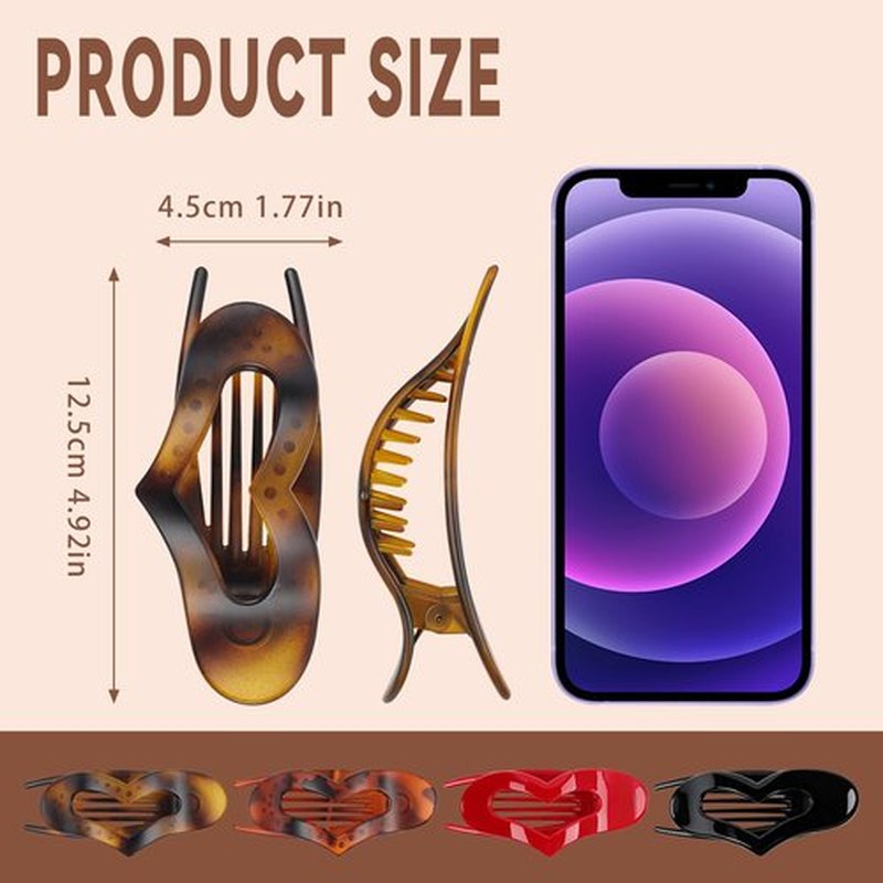 Flat Hair Claw Clips for Women,Tortoiseshell Medium Heart Hair Clips for Thick & Thin Hair- Comfortable Everyday Use for Office, Yoga, (4PCS)