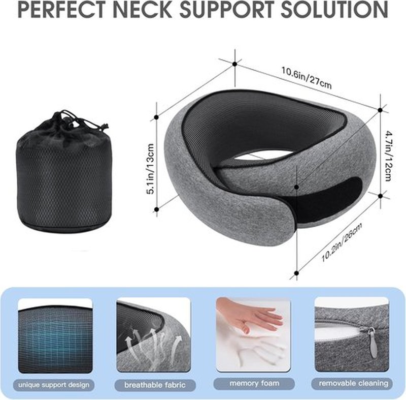 Skiennix Memory Foam Neck Travel Pillow - Ergonomic Comfort for Airplanes & Car Rides | Compact Grey Design