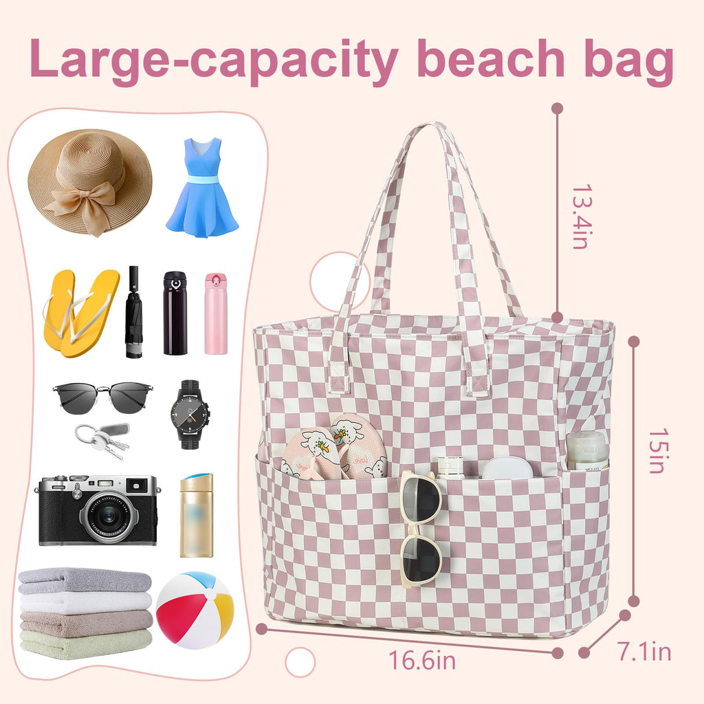 LEDAOU Beach Bag Waterproof Sandproof Women Beach Tote Pool Bag with Zipper for Swim Gym Grocery Travel with Wet Pocket