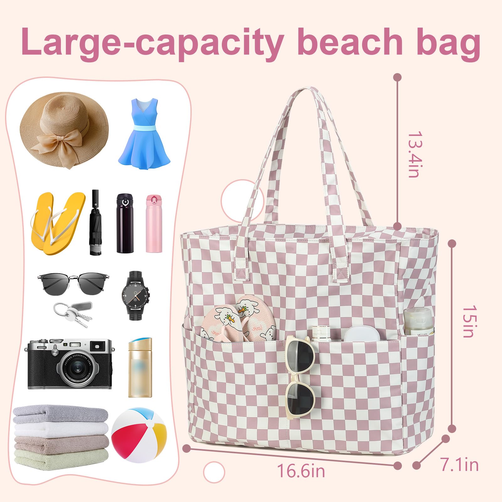 LEDAOU Beach Bag Waterproof Sandproof Women Beach Tote Pool Bag with Zipper for Swim Gym Grocery Travel with Wet Pocket