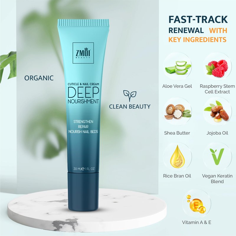 ZMOI Cuticle & Nail Cream Treament, Deep Nourishing - USA Made - Daily Repair Nail Care w/Organic Shea Butter, Jojoba Oil - Soften Cuticles, Strengthen Nails, Hydrating (1 Fl Oz/Pack of 1)