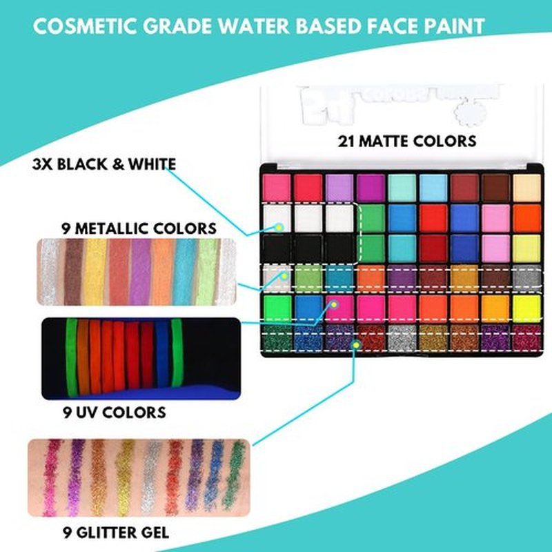 Bowitzki Face Paint Kit with 54 Colors, 8 sheets Stencils, 2 Glitters,10 Brushes, 1 Sheet Gems, Water Based Face Painting Kit, Safe Professional Halloween Party Makeup Set