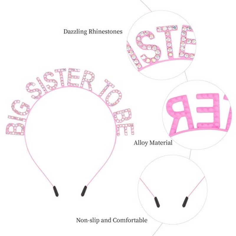 Chanaco Big Sister Gifts for Girls Pink Metal Rhinestone Crown Headband Glitter Satin Sash Big Sister to Be Accessory Set Announcement Party Decorations Cute Sibling Hairband Gift (Pink)
