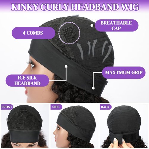 QCCSRR Headband Wig Human Hair Curly 18 Inch Glueless None Lace Front Deep Curly Wig Wear and Go Wigs for Black Women Machine Made Headband Half Wigs 180% Density Natural Color