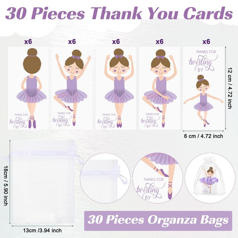 Yinkin 30 Sets Ballerina Party Favors for Girls Hair Scrunchies with Thanks Twirling Cards for Dance School Classroom Ballet Recital Gifts(Purple)