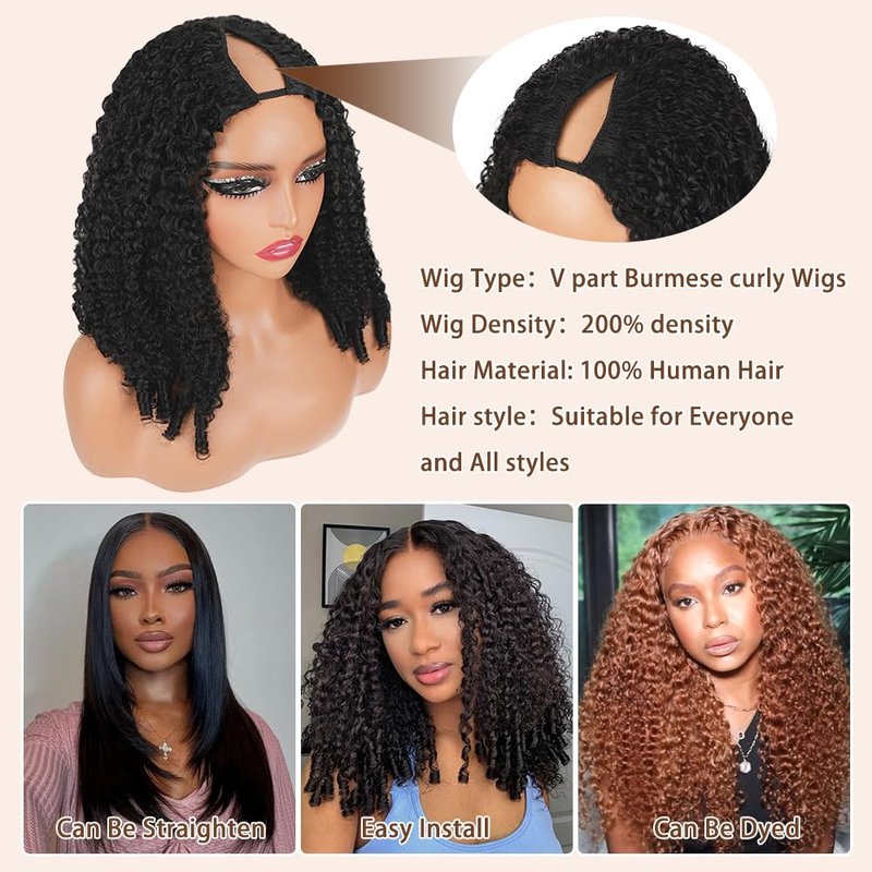 V Part Burmese Curly Wig Human Hair 200% Density Upgrade U Part Wig with Drawstring No Leave Out Glueless V Shape Full Head Clip In Half Wig Curly Human Hair Wig for Black Women Natural Color 16 Inch