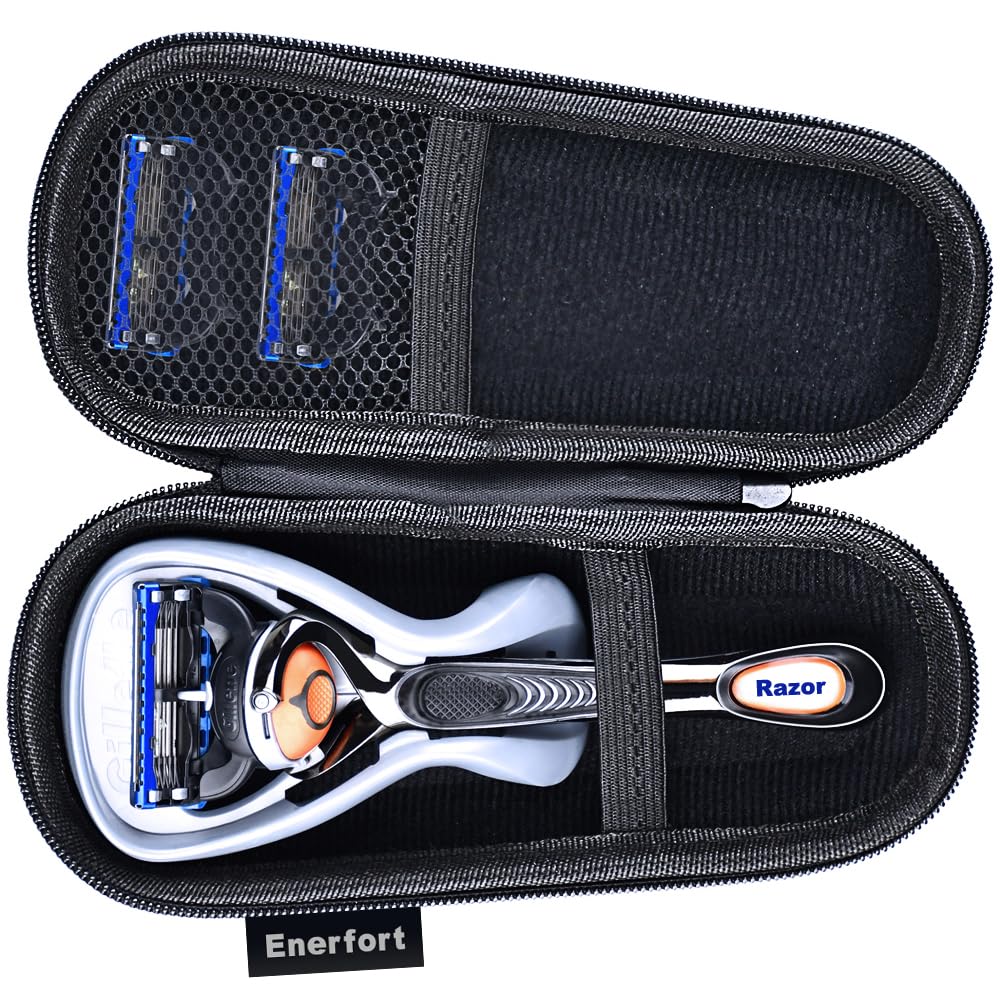 Enerfort Hard EVA Razor Travel Case Compatible with Gillette Men's Razor - Mesh Pocket for 2 Razor Blades + Lightweight Carrying Handle + Durable Zipper (Only Case) (Blue)