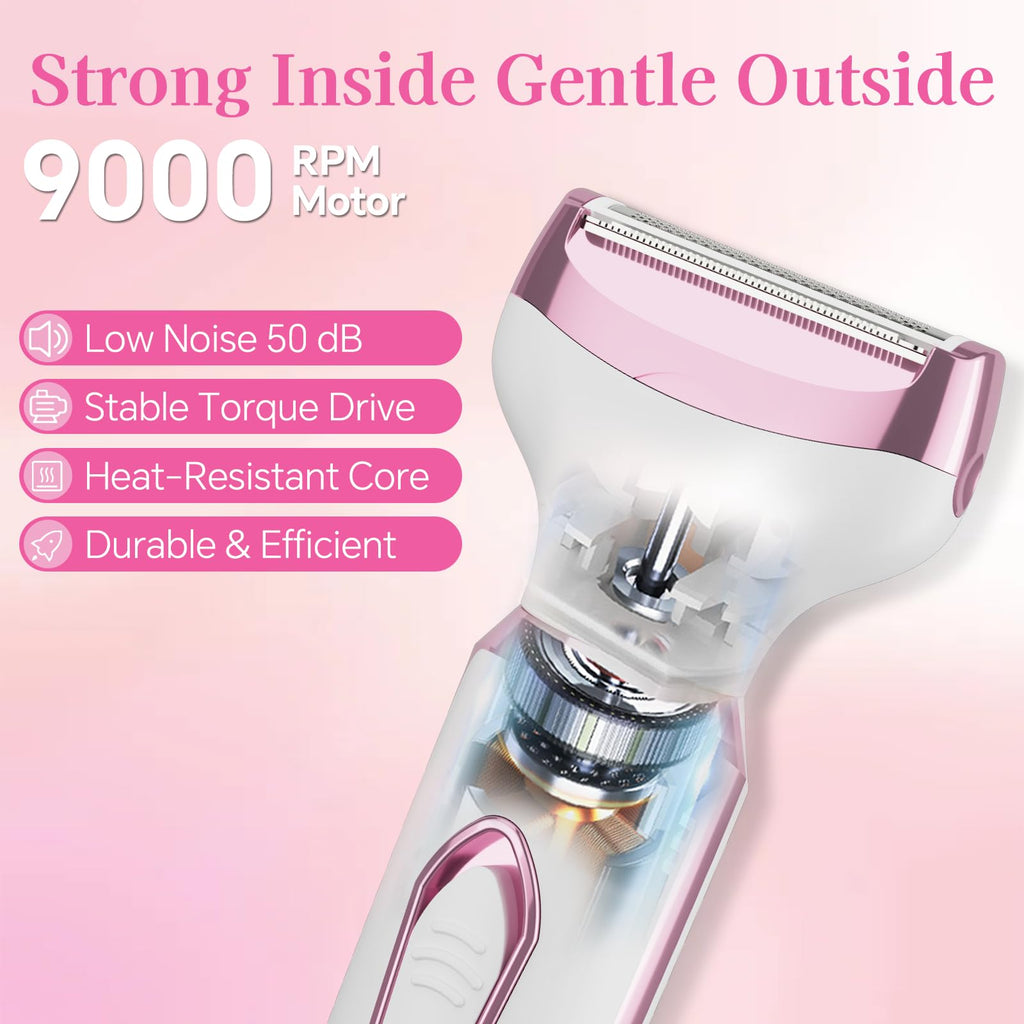 RUIM Women’s Electric Shaver 4-in-1, Painless Hair Remover for Bikini Face & Body, Cordless Wet/Dry Trimmer with Nose & Eyebrow Heads, Fast USB-C Charging, Travel-Ready Grooming Kit