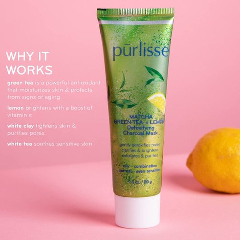 pürlisse Matcha Green Tea + Lemon Detoxifying Facial Mask - Charcoal Face Mask with Clay & Teas for Pore Refinement & Radiance - Exfoliates & Purifies Skin - Refreshing & Moisturizing (1.8 oz)