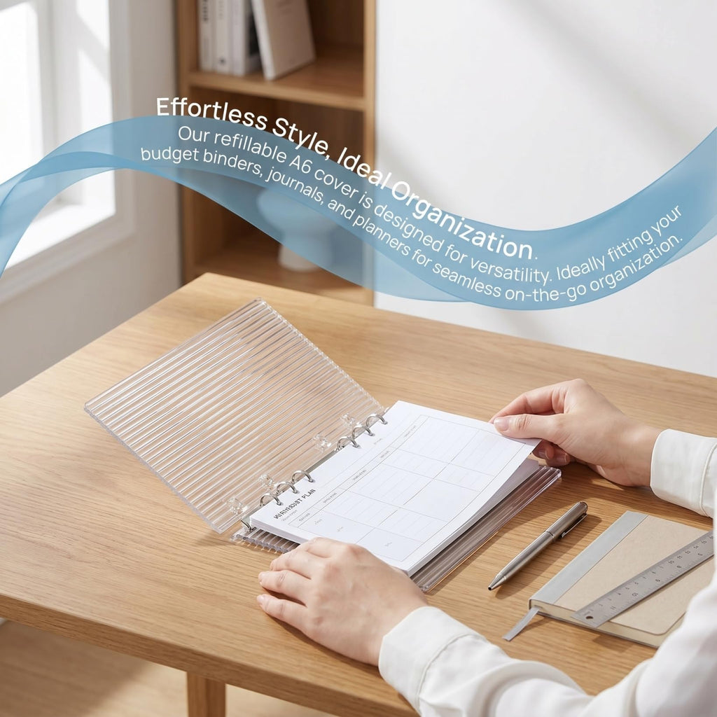 Clear A6 Binder Cover, 6 Ring Transparent Acrylic Planner Protector Shell, Minimalist Refillable 6 Hole A6 Notebook Cover for Budget Binders, Journals & Office Planners (8.27" x 5.91") (A6)