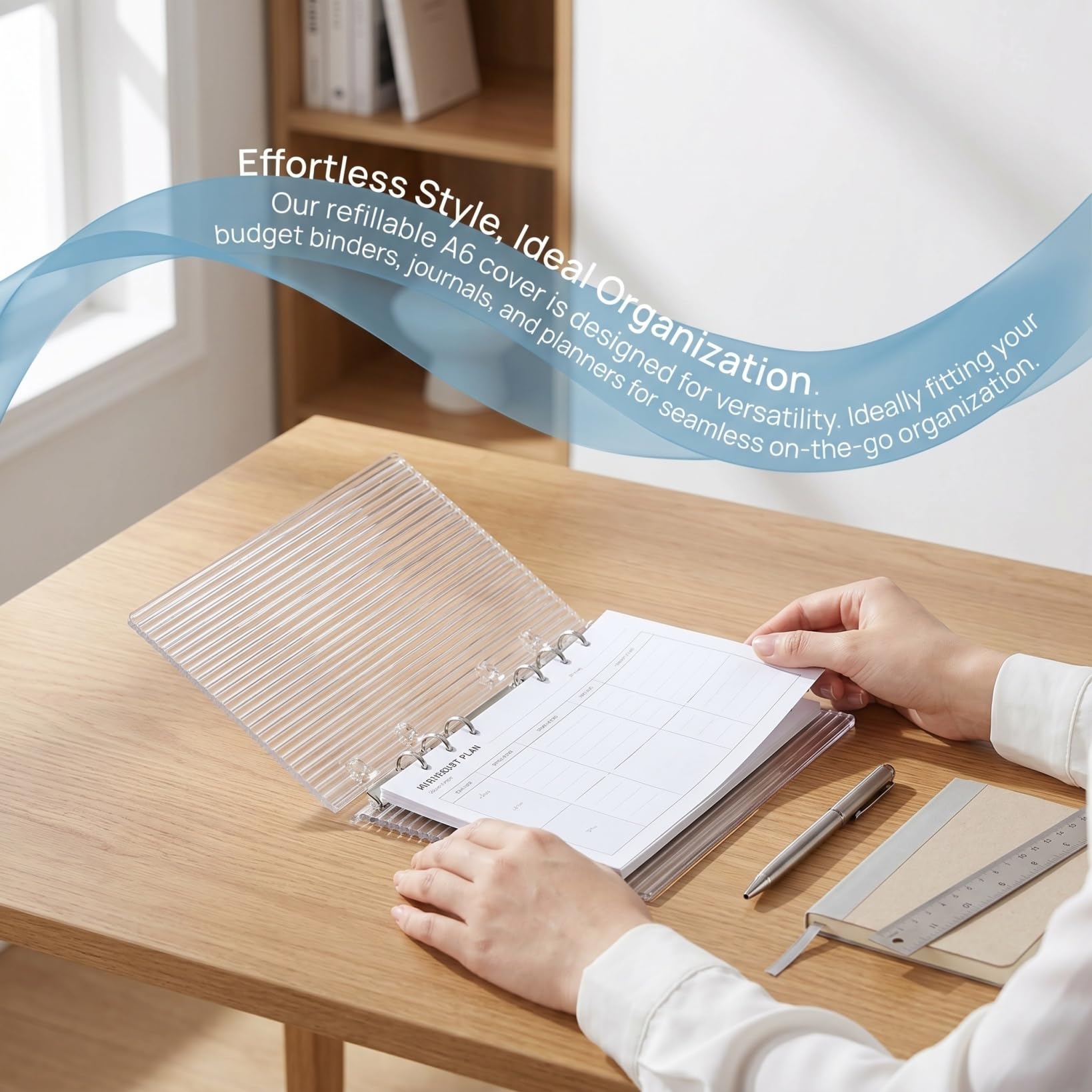 Clear A6 Binder Cover, 6 Ring Transparent Acrylic Planner Protector Shell, Minimalist Refillable 6 Hole A6 Notebook Cover for Budget Binders, Journals & Office Planners (8.27" x 5.91") (A6)