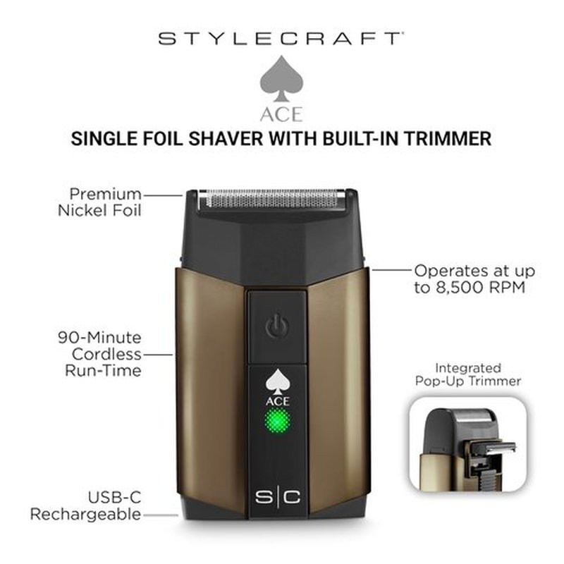 Stylecraft Ace Cordless Hair Clipper - Lightweight Ergonomic Design with Integrated Foil Shaver & USB-C Rechargeable
