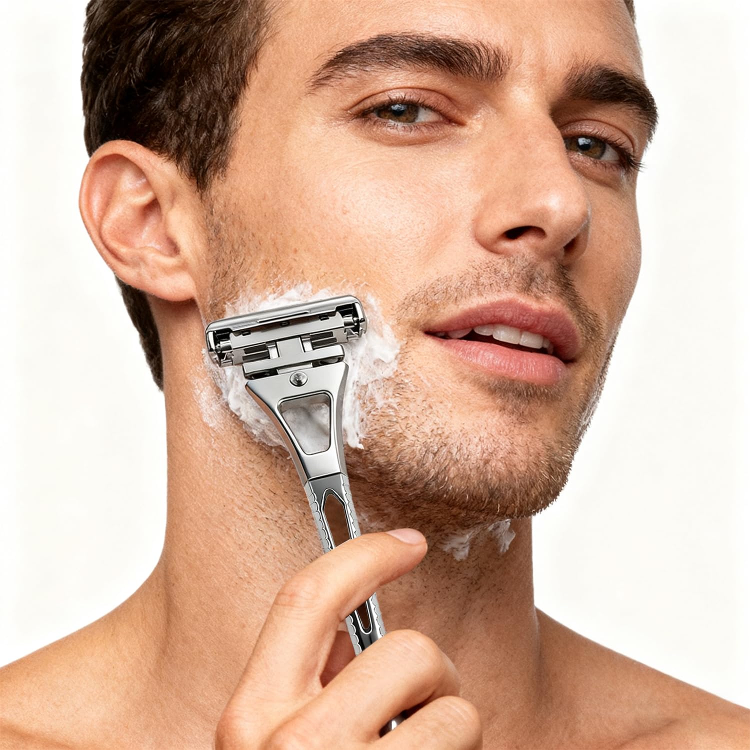 4-Layer Half-Blade Safety Razor- Flexible Head & Alloy Handle, with 10 Coated Blades, Leather Travel Case & Metal Stand - For Face and Body Shaving (Silver)
