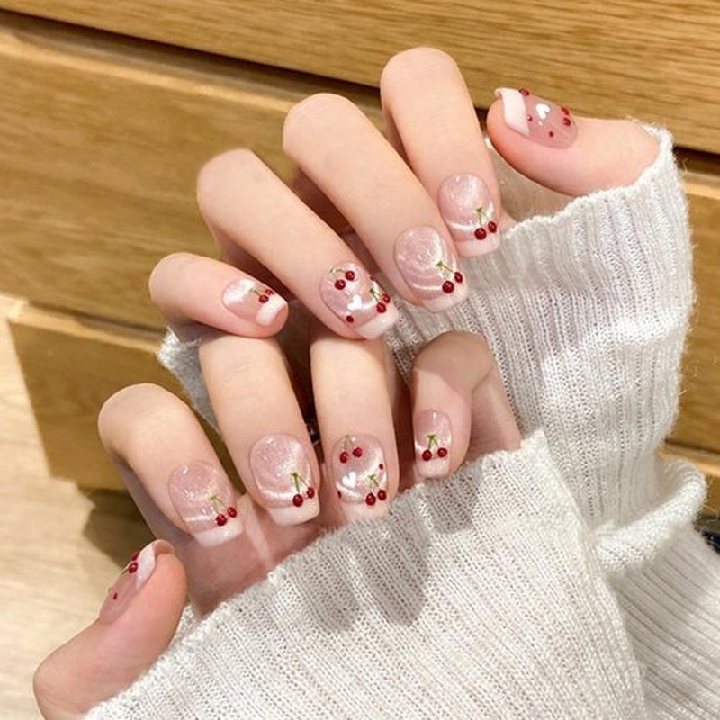 Medium Square Press on Nails French Tip Handmade False Nails with Designs/Charms, Y2k Short Coffin Reusable Fake Nails (Cherry+Pink Cat Eye, S)